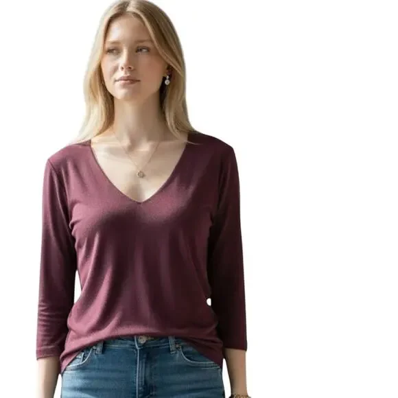 Anthropologie Wine Burnout Knit Sheer Back 3/4 Sleeve Tee Womens Large EUC - Picture 2 of 6